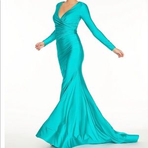 Glamour by Terani Satin Stretch Open-Back Gown